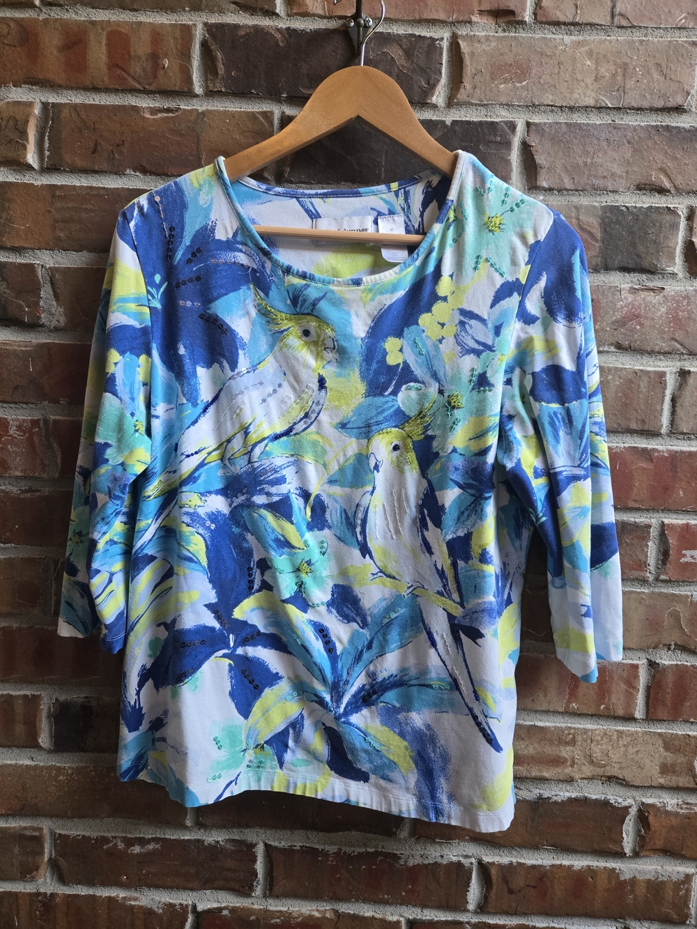 Alfred Dunner Blue & Yellow Bird-Print Long Sleeve Tee Sequins Detail Comfy